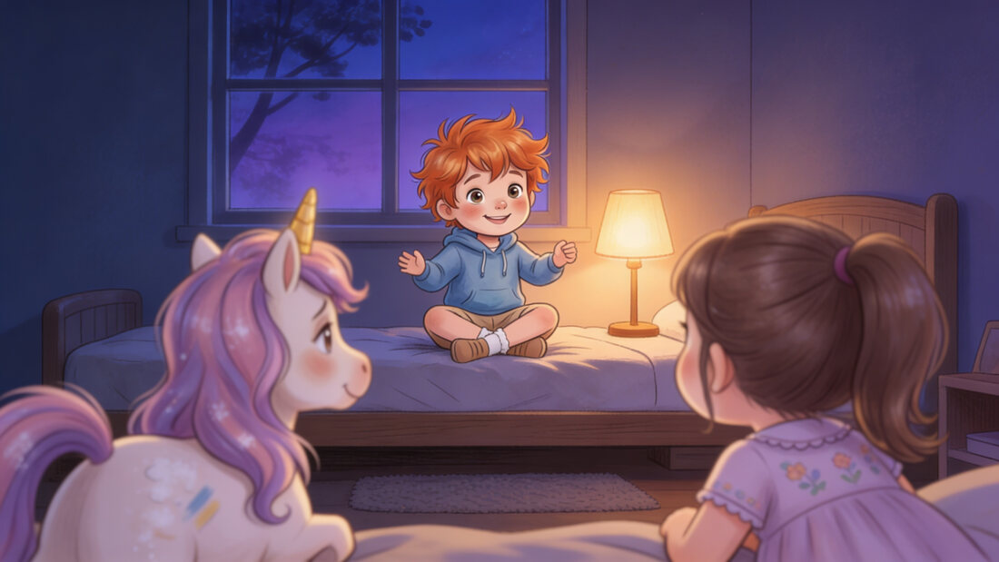 Lumi the unicorn with her friends Lia, Rio, Noa and Mossy the teddy bear.