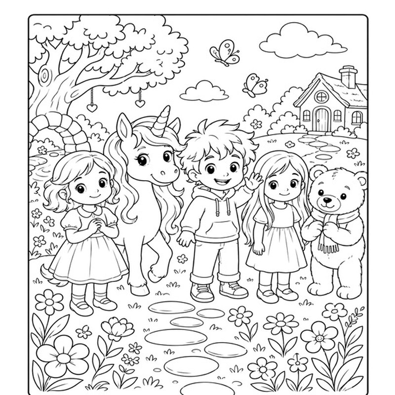 A printable coloring page of Lumi the unicorn and her friends in a flowery meadow.