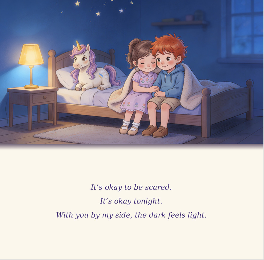 Book page: Lia hugs Lumi the unicorn — 'It's okay to be scared. It's okay tonight. With you by my side, the dark feels light.'