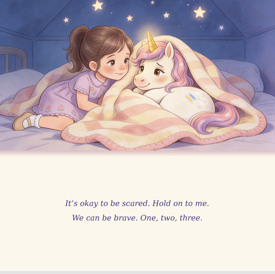 Book page: a girl cuddles Lumi under the stars — 'It's okay to be scared. Hold on to me. We can be brave. One, two, three.'
