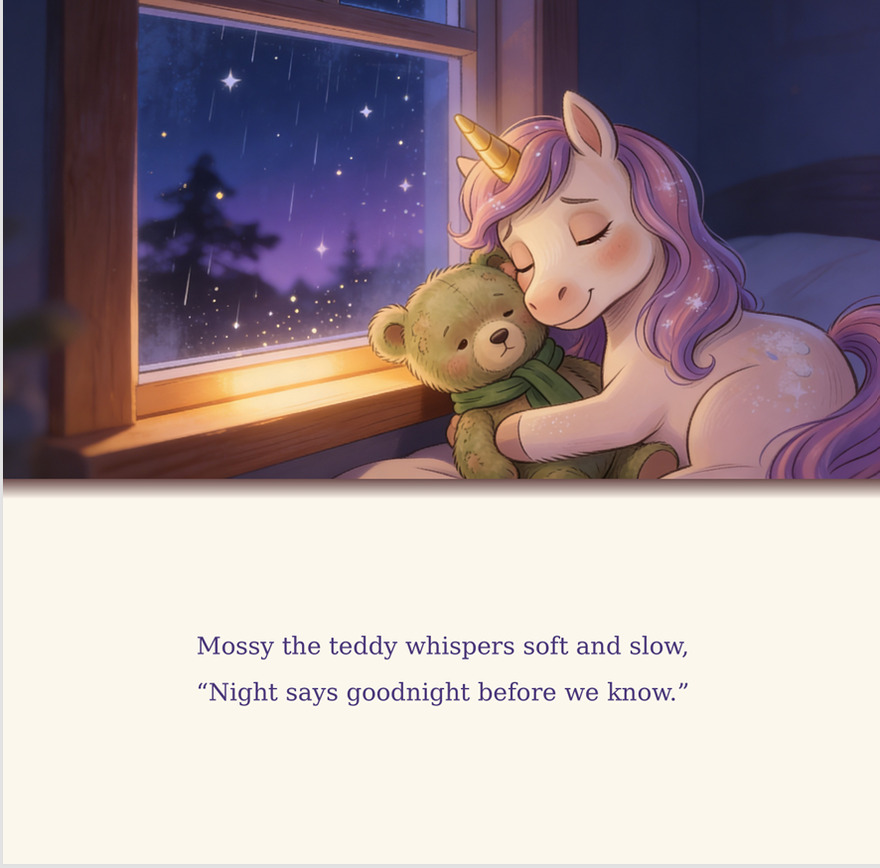 Book page: Lumi sleeps with Mossy the teddy and a crescent moon — 'Night says goodnight before we know.'