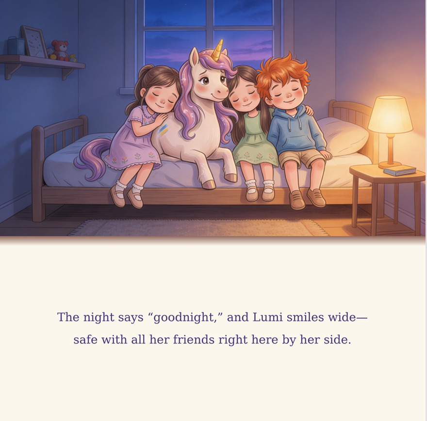 Book page: Lumi smiles with all her friends, safe side by side, as the night says goodnight.