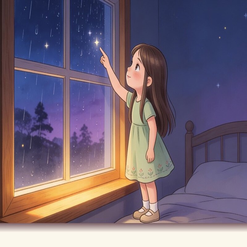 A child reaches toward a single bright star through a rainy bedroom window at night.