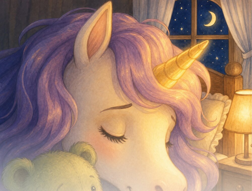 A close, tender watercolor of Lumi the unicorn resting softly.
