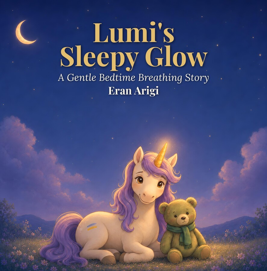Cover of Lumi's Sleepy Glow — Lumi the unicorn and Mossy the bear in a moonlit meadow.