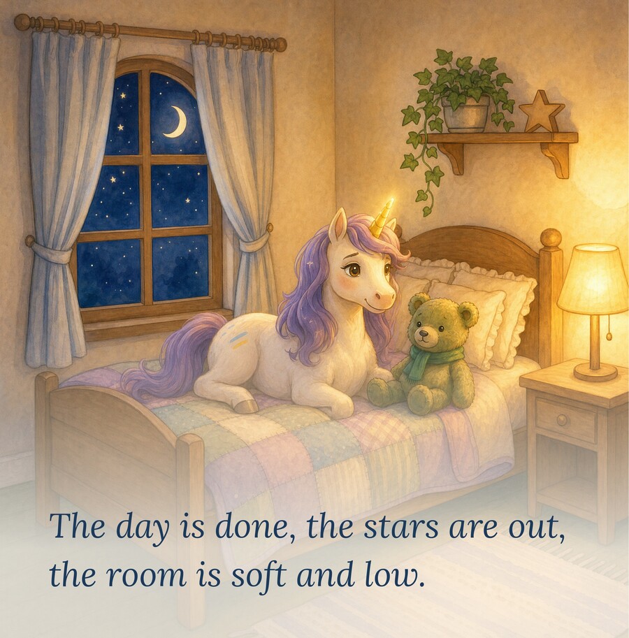 Book page: 'The day is done, the stars are out, the room is soft and low.'