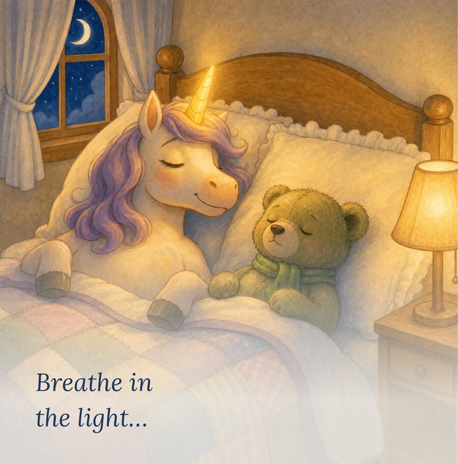 Book page: 'Breathe in the light…' with Lumi glowing softly by the window.