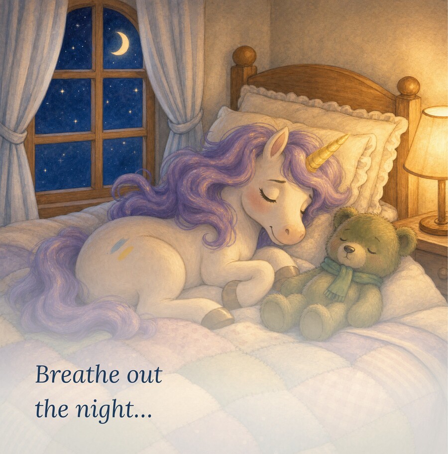 Book page: 'Breathe out the night…' in the calm moonlit bedroom.