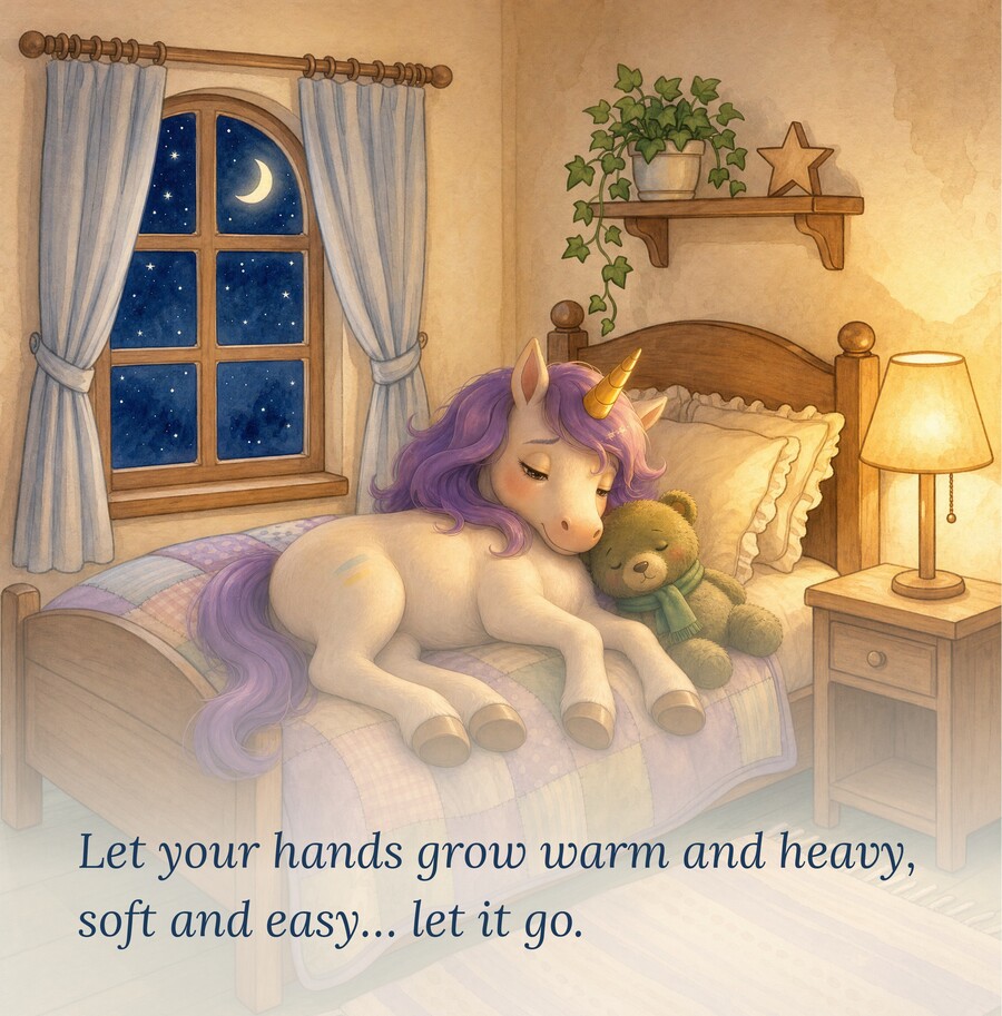 Book page: 'Let your hands grow warm and heavy, soft and easy… let it go.'