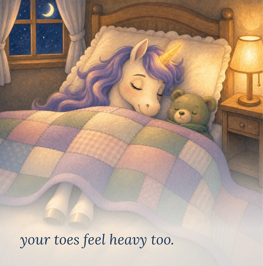 Book page: 'your toes feel heavy too,' as Lumi sinks into the bed.