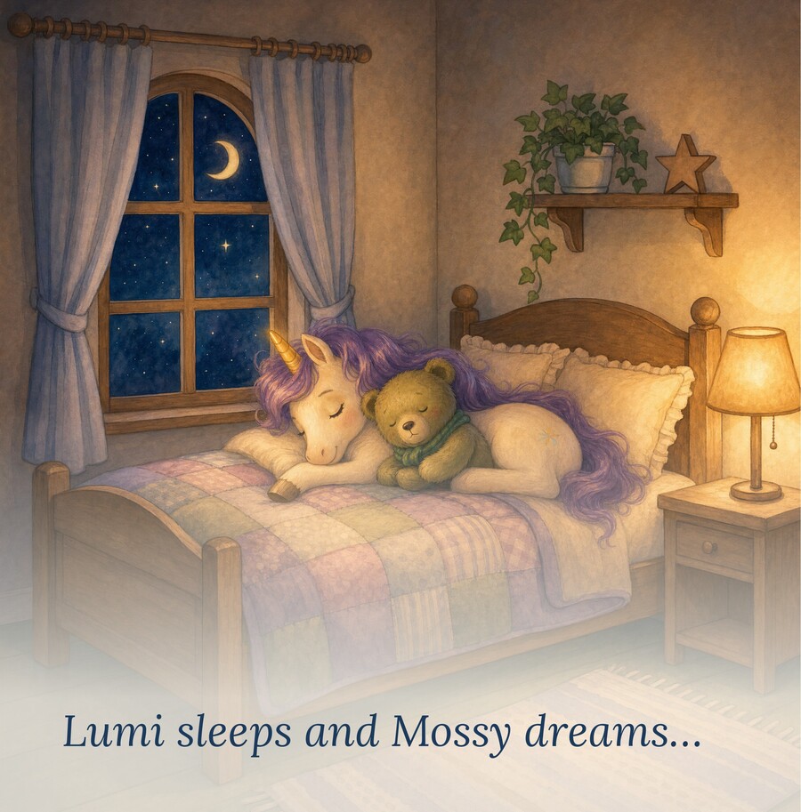 Book page: 'Lumi sleeps and Mossy dreams…' cuddled together at last.
