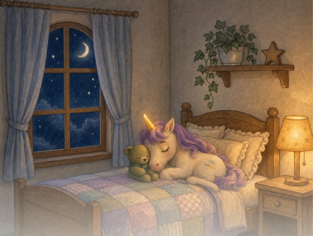 Lumi the unicorn and Mossy the bear resting close together on a cozy bed.