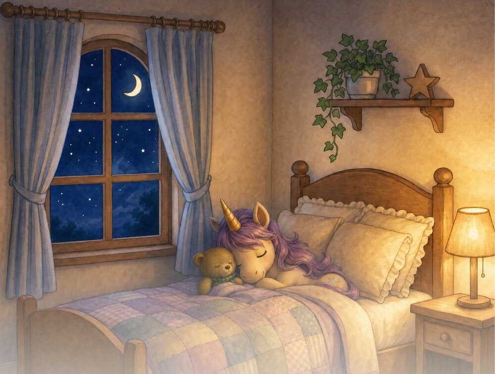 Lumi and Mossy settled peacefully in a quiet, moonlit bedroom.