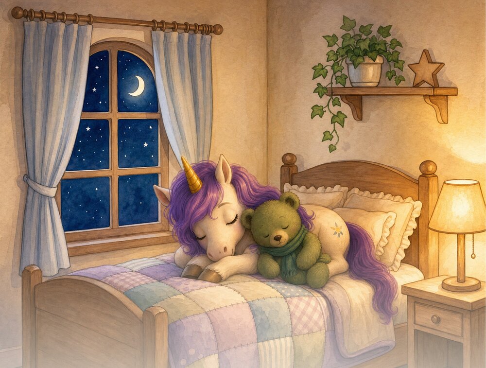 Lumi relaxing into a soft quilt in a warm, lamp-lit bedroom.