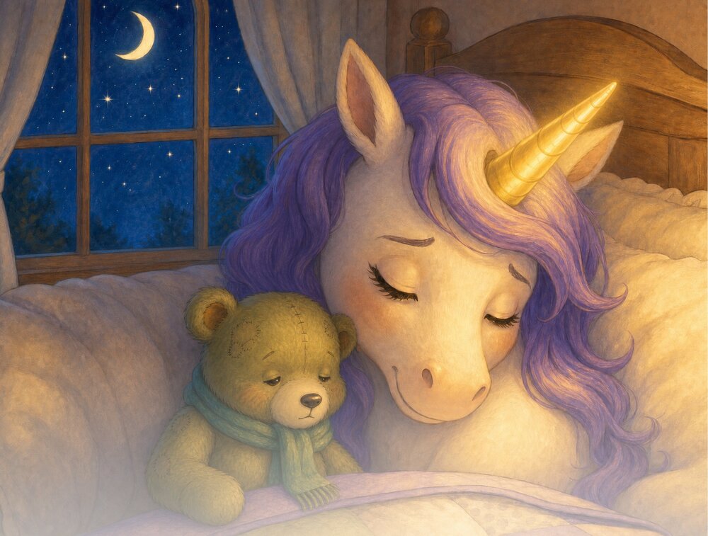 Lumi resting her head close to Mossy the bear by a moonlit window.