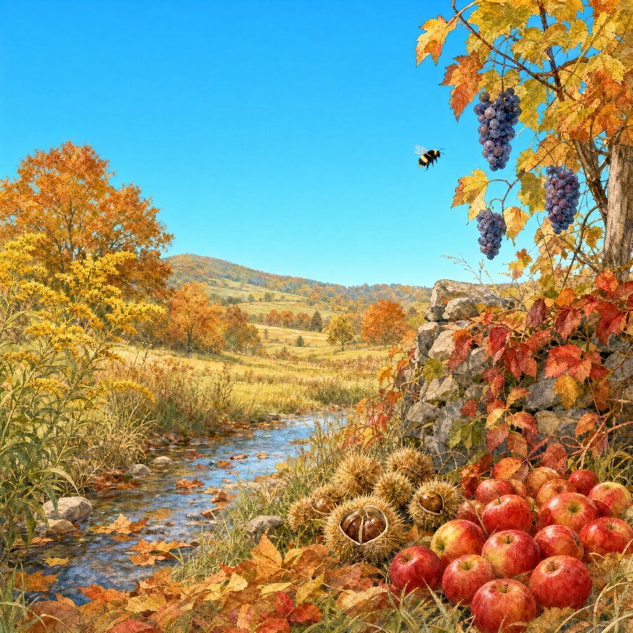 Watercolor: a clear blue October day — a stream, goldenrod, wild grapes and a heap of red apples beside a stone wall.