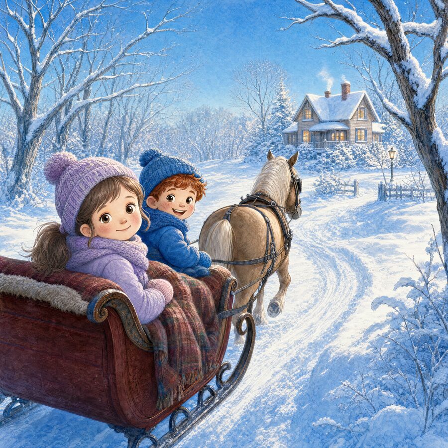 Watercolor: two children ride a horse-drawn sleigh through deep snow toward a lamp-lit farmhouse.