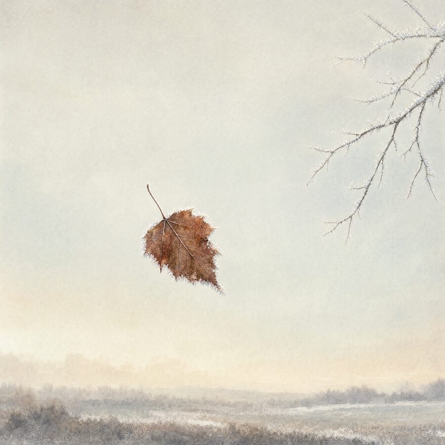 Watercolor: one frost-edged leaf falling through pale grey air beside a rimed branch — November's quietest page.