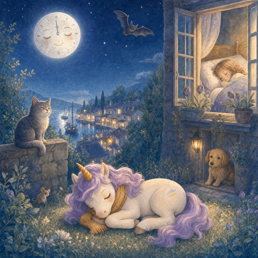 Watercolor: a moon with a clock face over a sleeping harbour town, a child asleep at the window and a unicorn curled below.