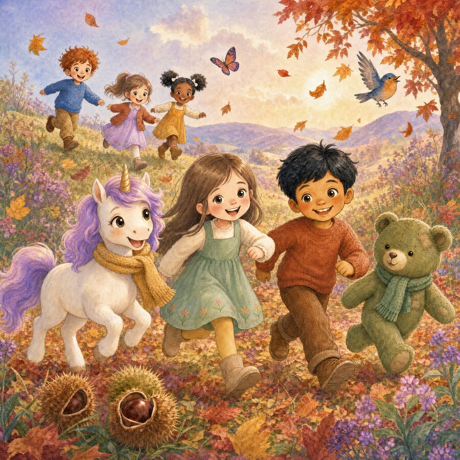 Watercolor: five friends and a small unicorn run downhill through a bright autumn meadow as leaves blow past.