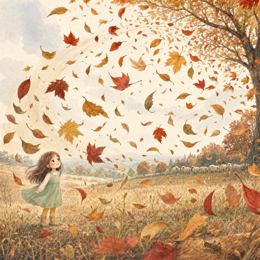 Watercolor: a girl in a green pinafore stands still in a stubble field while a great spiral of leaves sweeps overhead.