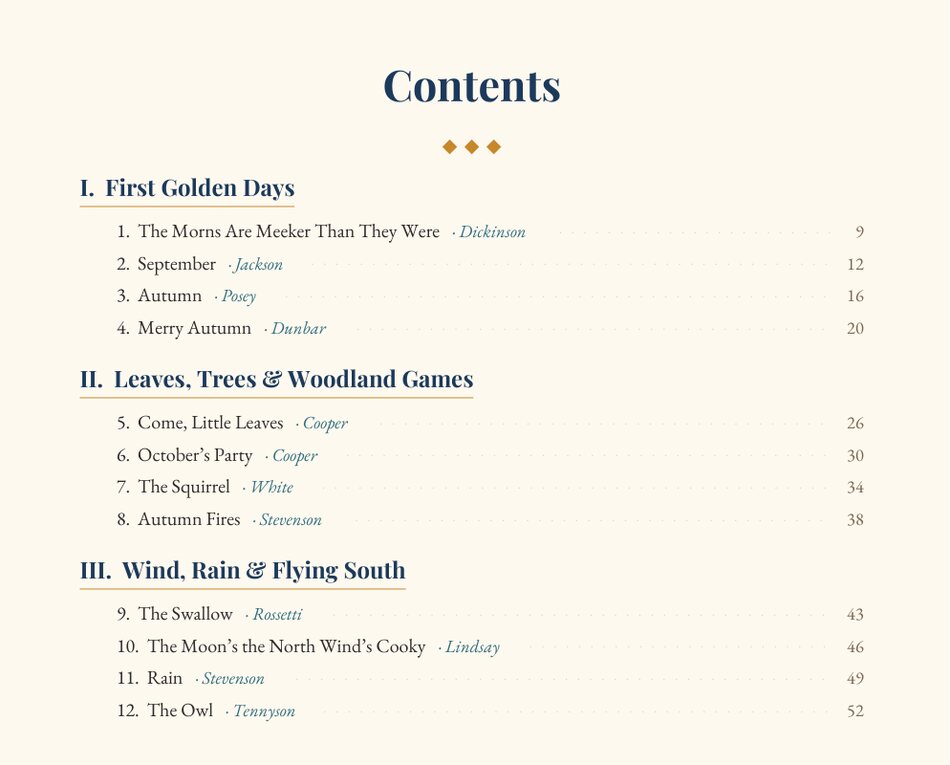 The book's table of contents, part one — sections I to III with poem titles and poets.
