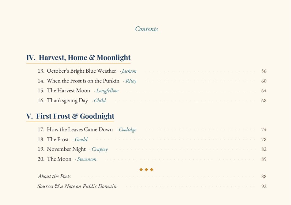 The book's table of contents, part two — sections IV and V, plus About the Poets and Sources.
