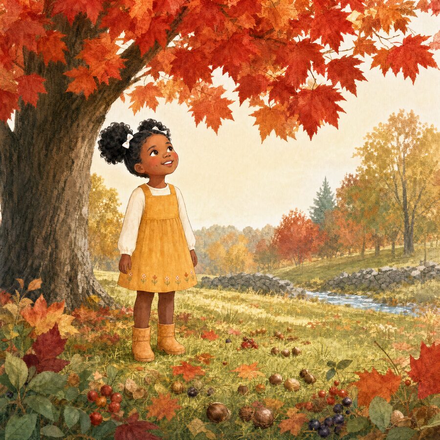 A soft watercolor of a little girl in a marigold pinafore looking up into a red maple by a stone wall and a stream.