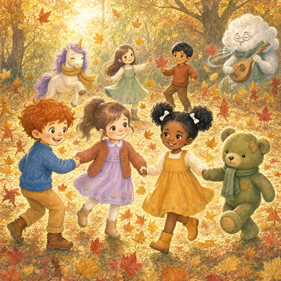 Watercolor: Lumi the unicorn and her friends dance in a ring of fallen leaves in a golden wood while the wind plays a lute.