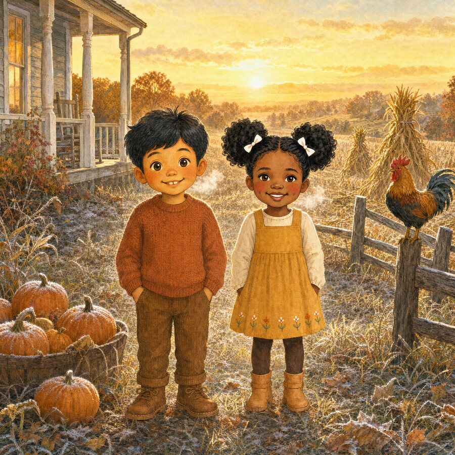Watercolor illustration from Twenty Autumns: two children stand in a frosty farmyard at sunrise beside a basket of pumpkins, with corn shocks behind them and a rooster on the fence.
