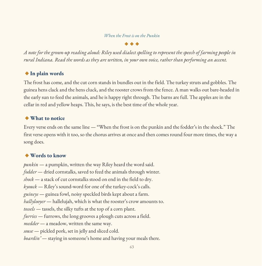 The explanation page for When the Frost is on the Punkin, with In plain words, What to notice, and Words to know.