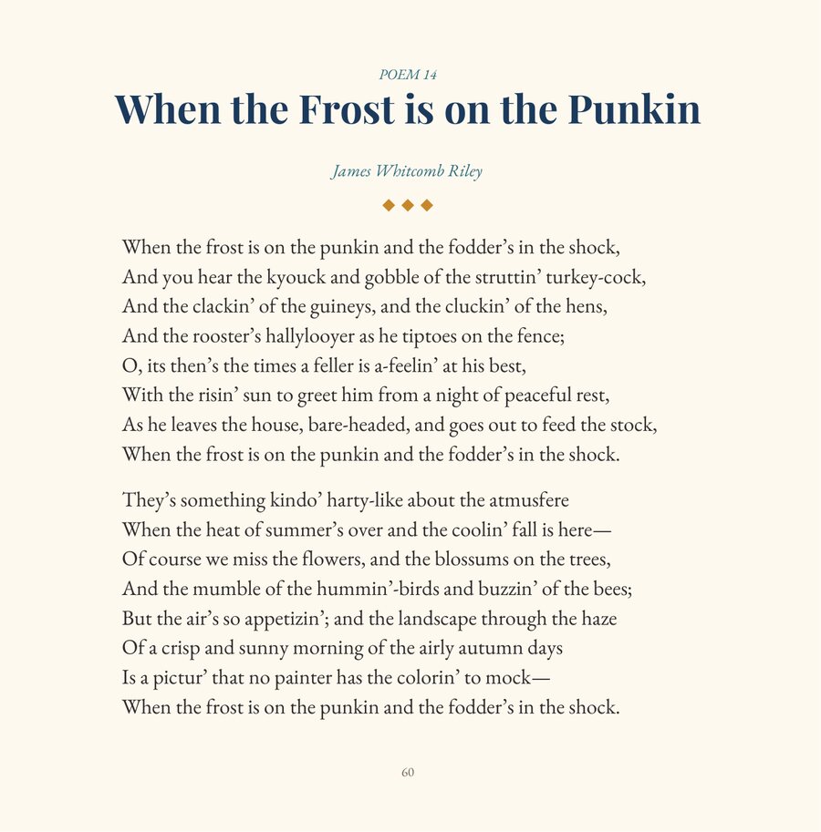 The first page of When the Frost is on the Punkin, as printed in Twenty Autumns.
