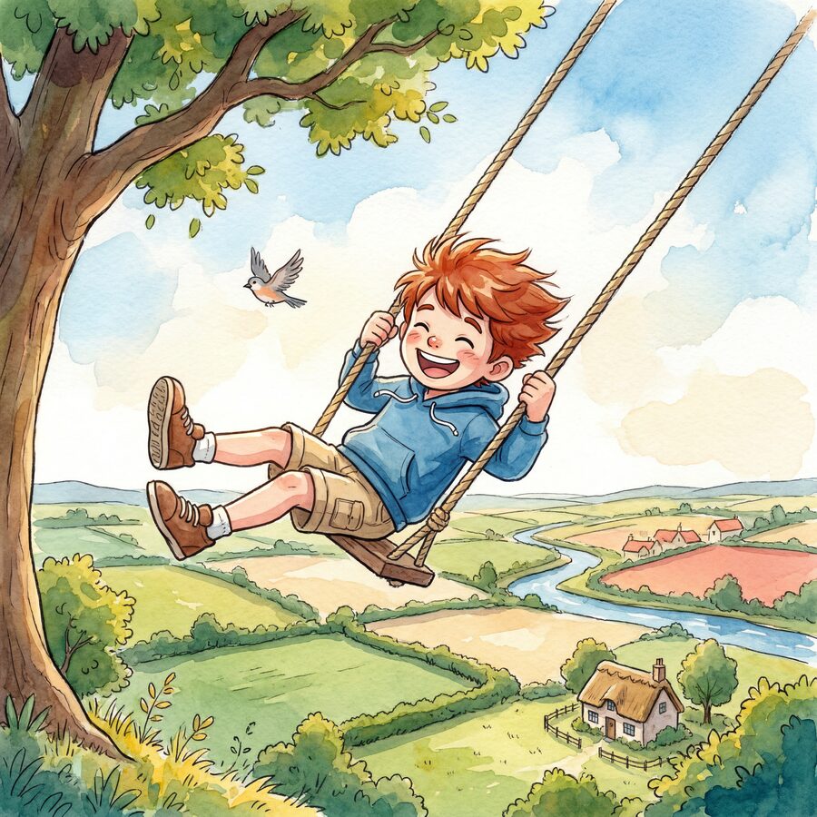 Watercolor: a happy child on a rope swing high above a green valley.