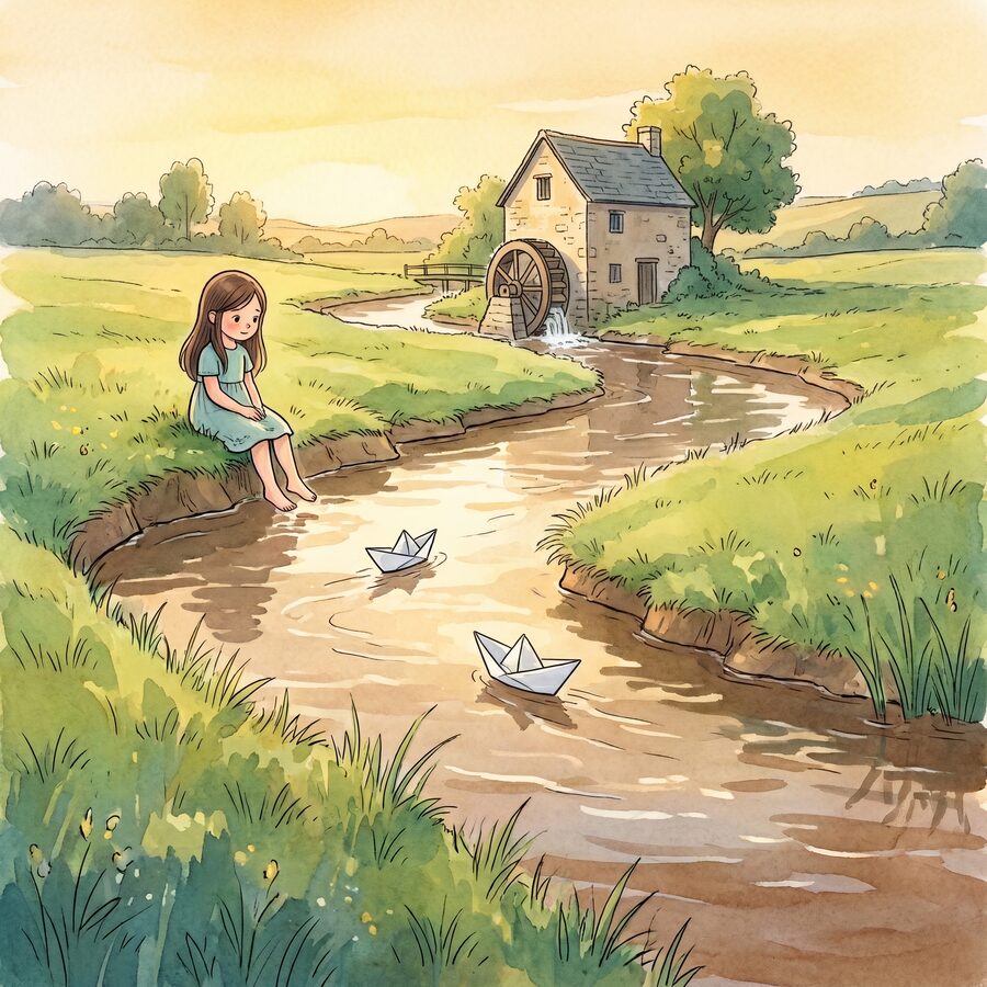 Watercolor: a child floats paper boats down a stream past an old mill.
