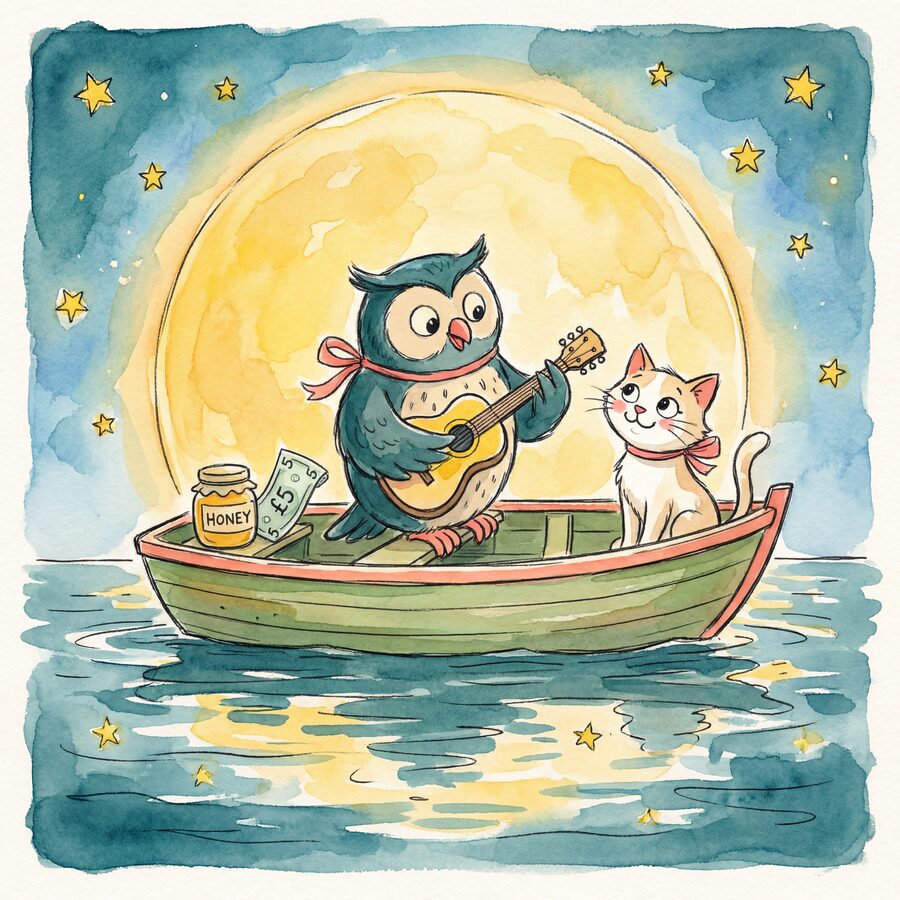 Watercolor: the Owl and the Pussy-Cat sail a little boat under a golden moon.