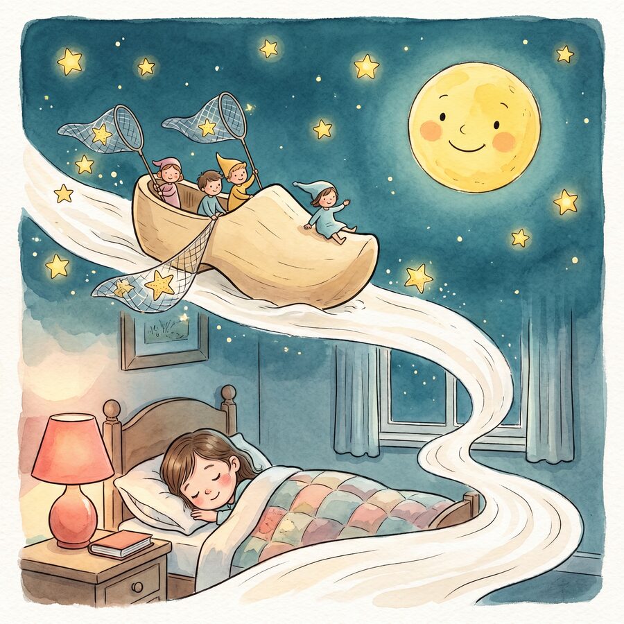 Watercolor: a sleeping child dreams of sailing among the stars — Wynken, Blynken, and Nod.