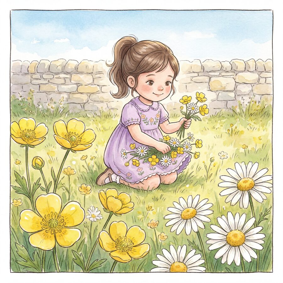 Watercolor: a child gathers buttercups and daisies in a summer meadow.