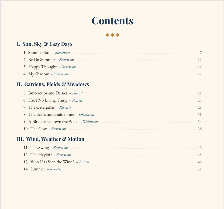 The book's table of contents, part one — sections I to III with poem titles and poets.