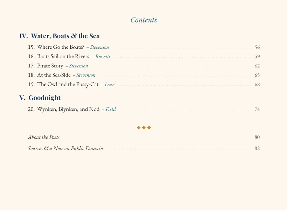 The book's table of contents, part two — sections IV and V, plus About the Poets.