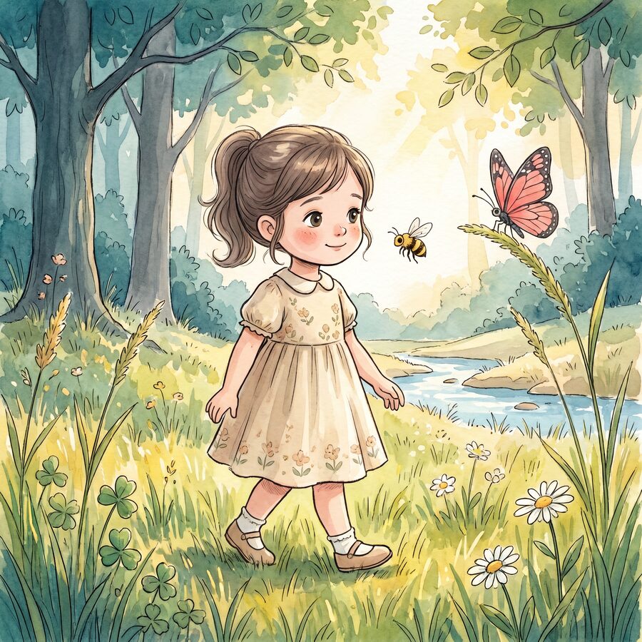 A soft watercolor of a little girl greeting a bee and a butterfly in a sunlit summer wood.
