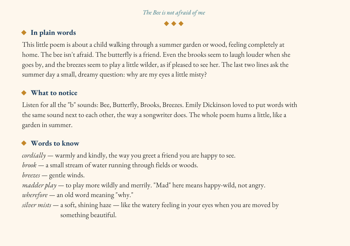 A sample explanation page with sections titled In plain words, What to notice, and Words to know.