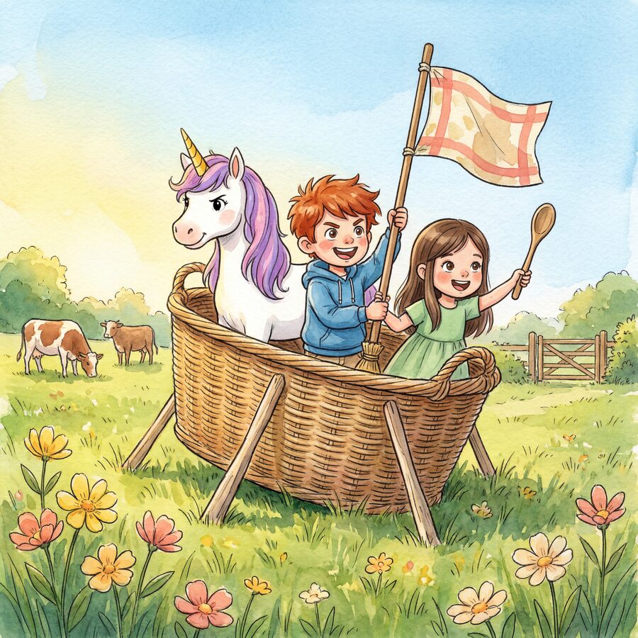 Watercolor: Lumi the unicorn and her friends sail a basket-boat through a flowery meadow.