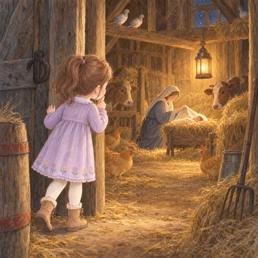 Illustration: a girl in a lavender coat peeks around a barn door at the nativity, lit by a lantern in the straw.