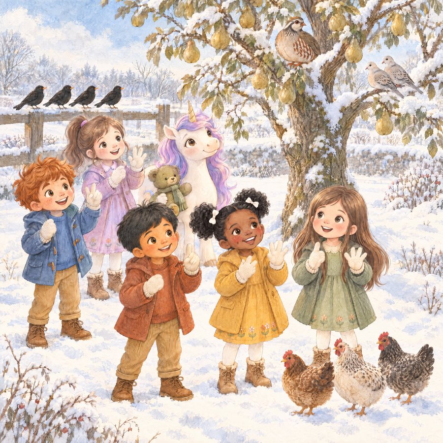 Illustration: the friends count the birds of The Twelve Days of Christmas in a snowy yard, with a partridge in a pear tree, four black colly birds on the fence and three hens.
