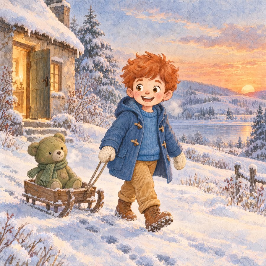 Illustration: a boy in a blue duffel coat pulls a little teddy bear on a sled through the snow at sunrise.