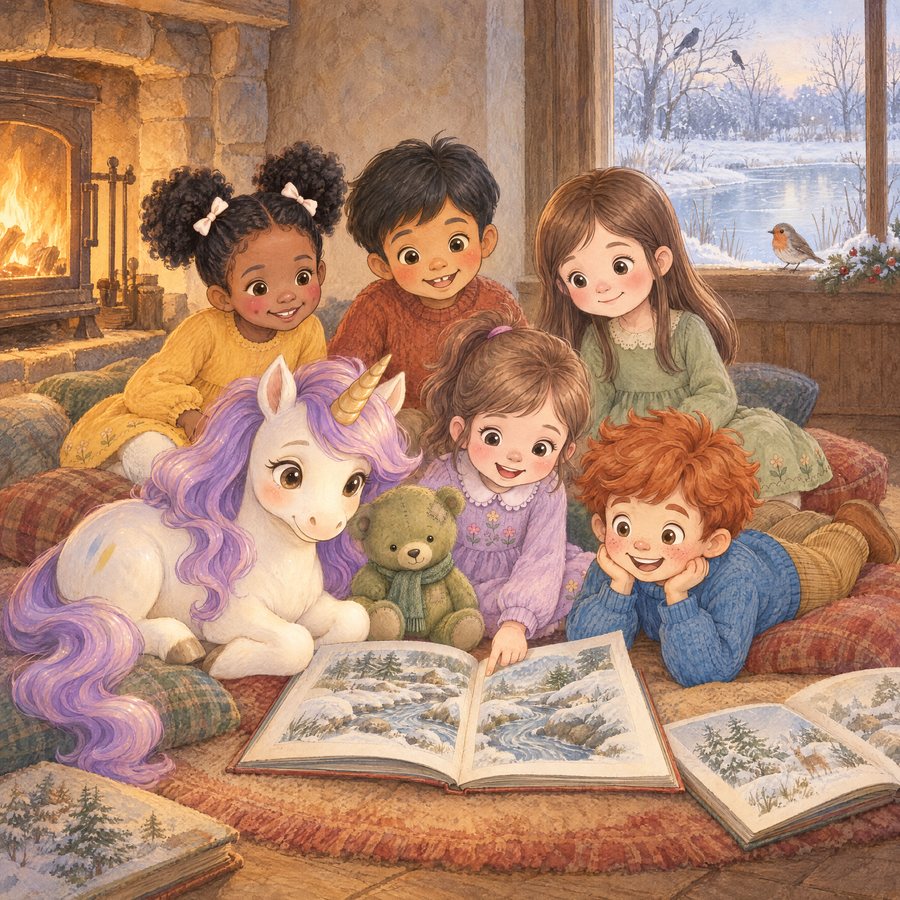 Illustration: the friends and a small unicorn read a picture book together on cushions beside the fire.