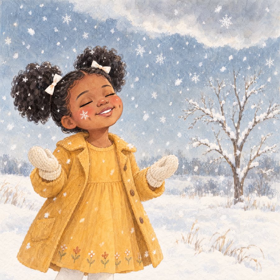Illustration: a girl in a yellow coat and white mittens stands in falling snow with her eyes closed, smiling.