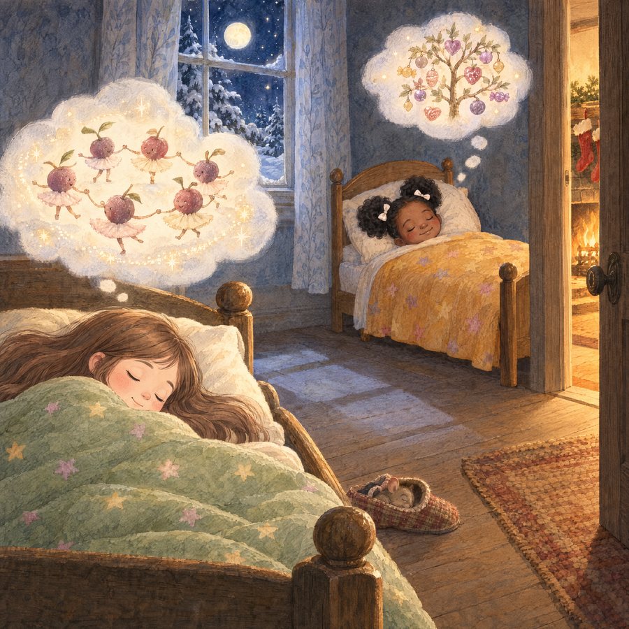 Illustration: two children asleep in their beds on Christmas Eve, dreaming of sugar-plums.