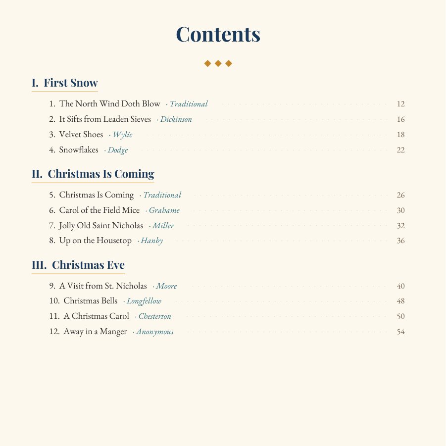 The book's table of contents, part one, with section titles, poem titles and poets.