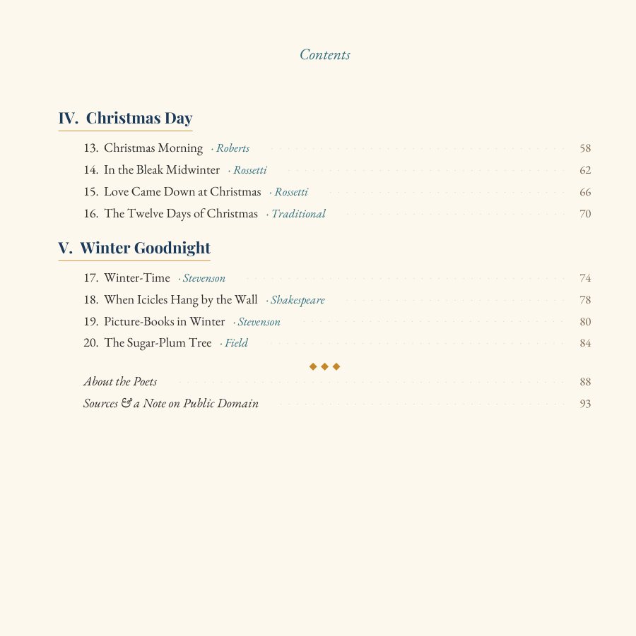 The book's table of contents, part two, ending with About the Poets and Sources.